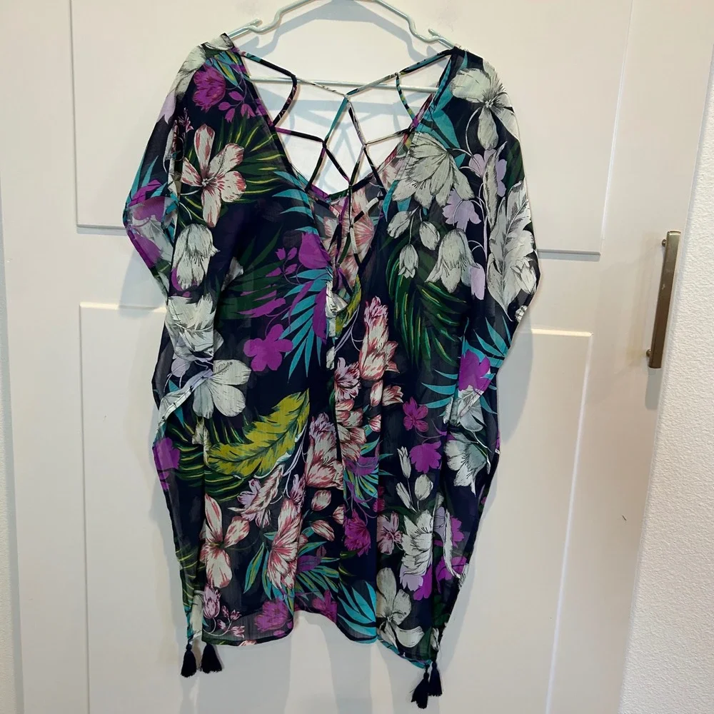 Kona Sol Womens Swim Cover Up Tunic Top Floral Print Lattice‎ Back Tassels M